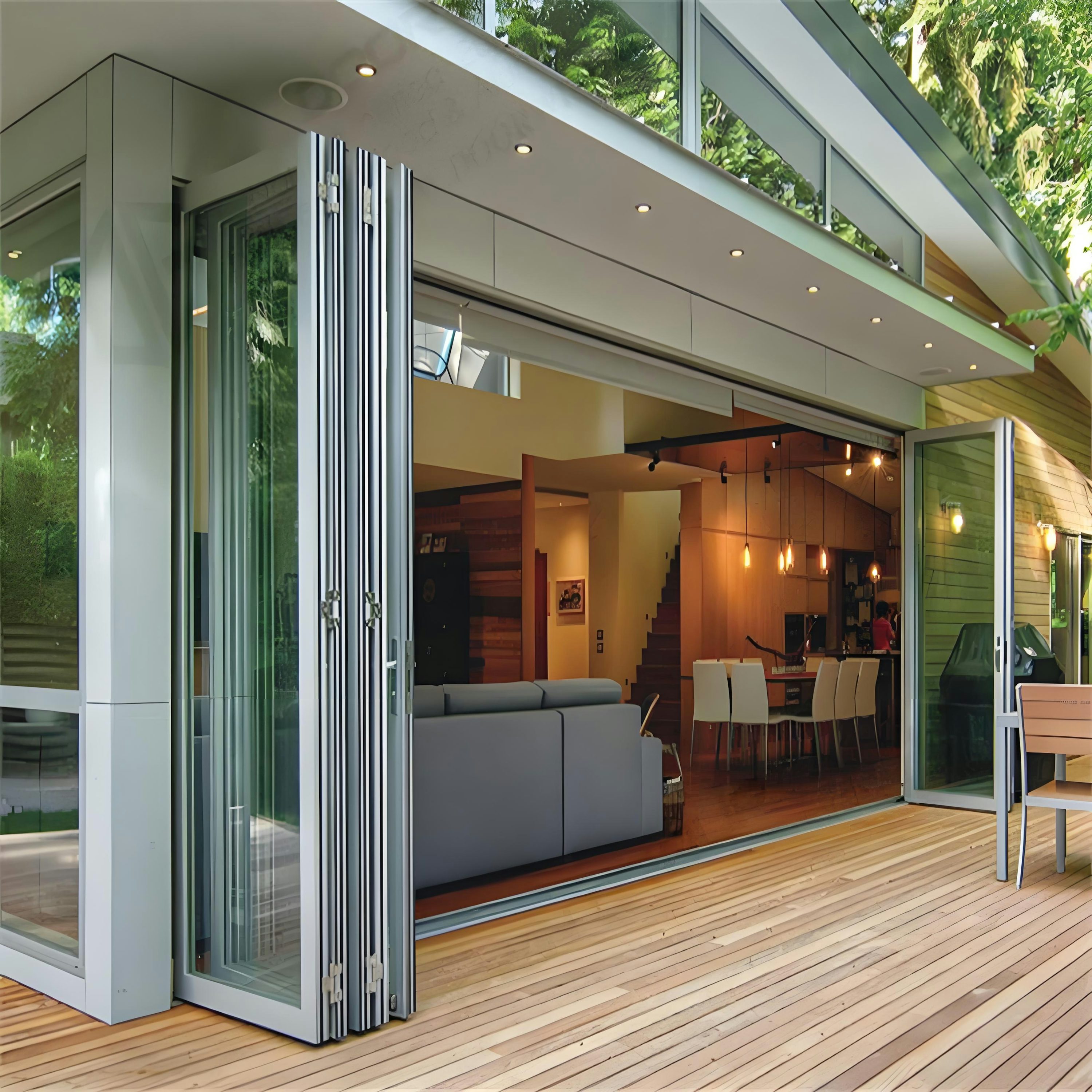 Luxury modern sliding glass doors opening to outdoor deck